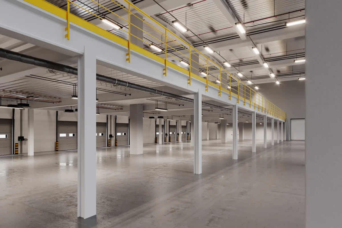 Interno magazzino senza materiale vista mezzanino mileast logistics park polo logistico tra brescia bergamo e milano - Mileast Logistics Park