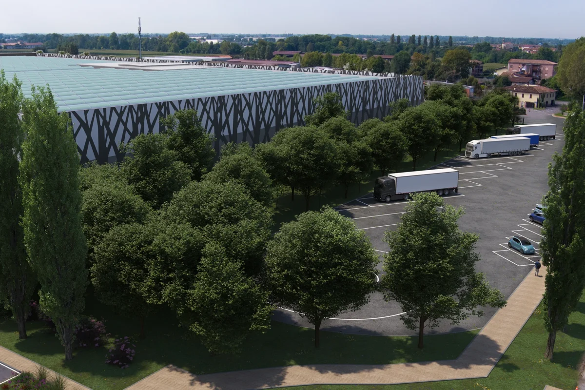 Magazzino vista tre quarti dall alto con parcheggi sostenibilita mileast logistics park polo logistico tra brescia bergamo e milano - Mileast Logistics Park